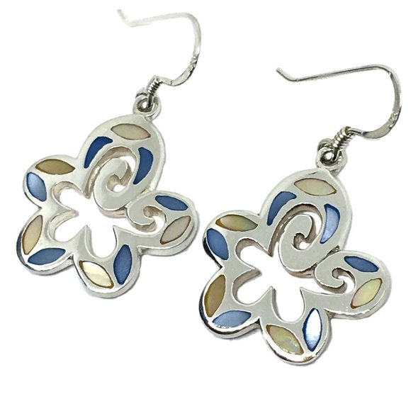 70's Fashion Flower Earrings Sterling Silver MoP - Picture 1 of 6